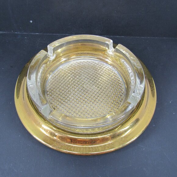 Vintage Baldwin Heavy Glass and Polished Brass 4 Slot Cigar Ashtray 2 Pieces - Picture 1 of 8